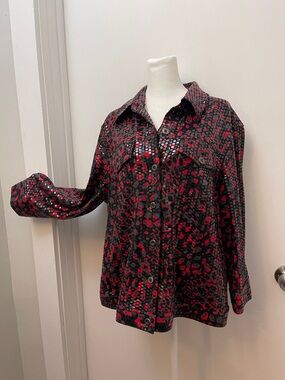 Ruby Rd. Black and Red Patterned Button-Front Shirt Jacket